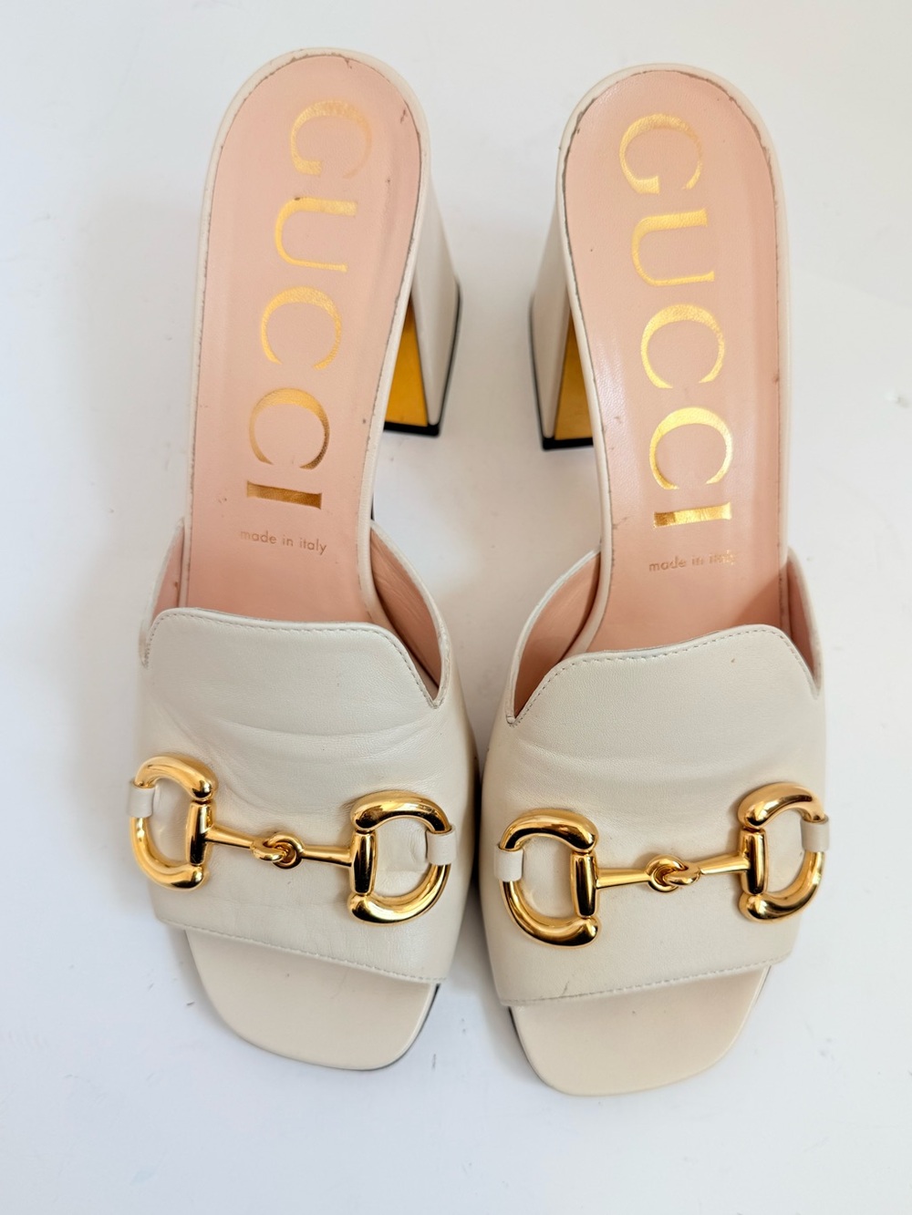 Gucci baby Horsebit Mules 39.5 Mystic White Nappa Leather block heels US 9.5 - Picture 2 of 11
